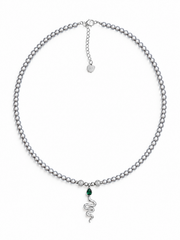 Madama Grade Japanese Akoya Silver-Gray Pearl Snake Pendant Necklace, S925 Silver Emerald Teardrop Crystal Serpent Pearl Choker, Vintage Gothic Jewelry Gift for Women