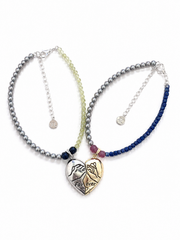 Half Heart Charm Beaded Bracelet for Women, Madama Grade Japanese Akoya Silver-Gray Pearls, Peridot & Sapphire Blue Gemstone Beads, Meaningful Stackable Jewelry Gift