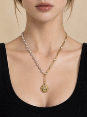 Akoya Madama Silver-Grey Pearl S925 Silver Gold Plated Necklace, Asymmetric Letter B Coin Pendant Necklace for Gift & Daily