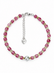 Madama Grade Japanese Akoya Silver-Gray Pearl & Pink Tourmaline Bracelet, 4mm Faceted Gemstone Beads, S925 Sterling Silver Adjustable Beaded Bracelet for Women
