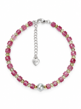 Madama Grade Japanese Akoya Silver-Gray Pearl & Pink Tourmaline Bracelet, 4mm Faceted Gemstone Beads, S925 Sterling Silver Adjustable Beaded Bracelet for Women
