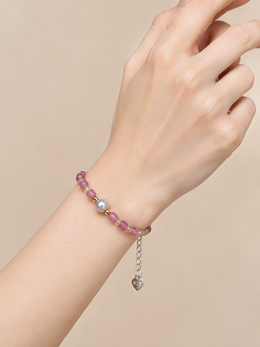 Madama Grade Japanese Akoya Silver-Gray Pearl & Pink Tourmaline Bracelet, 4mm Faceted Gemstone Beads, S925 Sterling Silver Adjustable Beaded Bracelet for Women