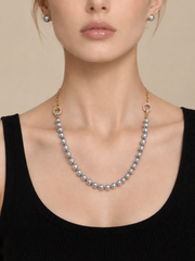 Madama Grade Japanese Akoya Silver-Gray Pearl Necklace，Dual Wear Design, S925 Silver Gold Plated,Crystal Circle Link Pearl Strand，Luxury Statement Jewelry for Wedding & Gift