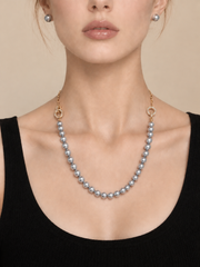 Madama Grade Japanese Akoya Silver-Gray Pearl Necklace，Dual Wear Design, S925 Silver Gold Plated,Crystal Circle Link Pearl Strand，Luxury Statement Jewelry for Wedding & Gift