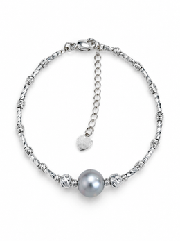 Japanese Akoya Silver-Gray Pearl Bracelet, Madama Grade, S925 Sterling Silver Twisted Bead Bracelet for Women, Adjustable Heart Charm Luxury Pearl Jewelry