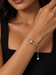 Japanese Akoya Silver-Gray Pearl Bracelet, Madama Grade, S925 Sterling Silver Twisted Bead Bracelet for Women, Adjustable Heart Charm Luxury Pearl Jewelry