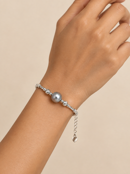Japanese Akoya Silver-Gray Pearl Bracelet, Madama Grade, S925 Sterling Silver Twisted Bead Bracelet for Women, Adjustable Heart Charm Luxury Pearl Jewelry