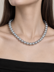 Madama Grade Japanese Akoya Silver-Gray Pearl Necklace，S925 Sterling Silver Full Strand Pearl Choker, Classic Single Strand Pearl Necklace for Women