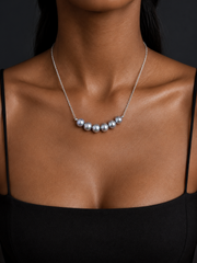 Minimalist Smile Bar Choker with Madama Grade Japanese Akoya Silver-Gray Pearls, S925 Silver Dainty Chain, Elegant Pearl Jewelry.