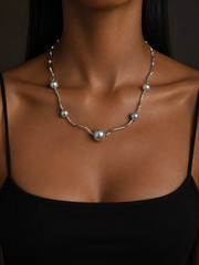 Japanese Akoya Silver-Gray Pearl&nbsp; Necklace, S925 Sterling Silver Wavy Chain, Irregular Design with Center Pearl, Elegant Japanese Style Jewelry for Women, Gift for Her.