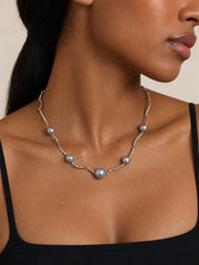 Japanese Akoya Silver-Gray Pearl&nbsp; Necklace, S925 Sterling Silver Wavy Chain, Irregular Design with Center Pearl, Elegant Japanese Style Jewelry for Women, Gift for Her.