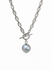 Japanese Akoya Silver-Gray Pearl&nbsp;Pig Nose Mariner Chain Necklace&nbsp; S925 Silver Toggle Clasp Minimalist Luxury Freshwater Pearl Jewelry.
