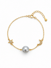 Japanese Akoya Silver-Gray Pearl&nbsp; Star Moon Bracelet&nbsp; S925 Sterling Silver Gold Plated Elegant Celestial Jewelry for Women.