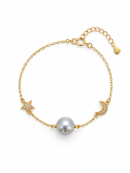 Japanese Akoya Silver-Gray Pearl&nbsp; Star Moon Bracelet&nbsp; S925 Sterling Silver Gold Plated Elegant Celestial Jewelry for Women.