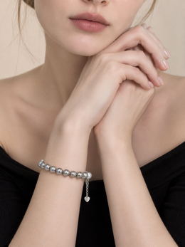 Japanese Akoya Silver-Gray Pearl&nbsp; Bracelet S925 Sterling Silver Classic Grey Pearl Strand with Heart Charm&nbsp; Elegant Jewelry for Women.