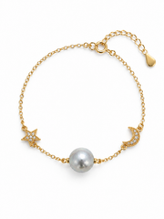 Japanese Akoya Silver-Gray Pearl&nbsp; Star Moon Bracelet&nbsp; S925 Sterling Silver Gold Plated Elegant Celestial Jewelry for Women.