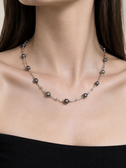Natural Tahitian Black Pearl Station Necklace, S925 Sterling Silver Twisted Chain Starry Sky Pearl Necklace for Women
