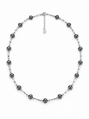 Natural Tahitian Black Pearl Station Necklace, S925 Sterling Silver Twisted Chain Starry Sky Pearl Necklace for Women