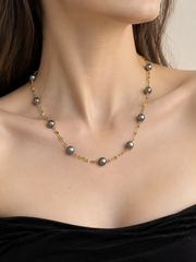 Starry Sky Station Necklace Natural Tahitian Black Pearl, Gold Plated Textured Chain Luxury Pearl Jewelry Gift for Her