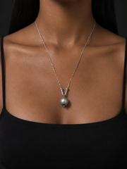 Madama Grade 10mm Japanese Akoya Silver-Gray Pearl Pendant Necklace, S925 Sterling Silver Vintage Twisted Cable Pearl Necklace for Women