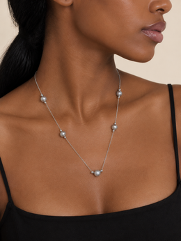 Madama Grade Japanese Akoya Silver-Gray Pearl Station Necklace, S925 Sterling Silver Starry Sky Pearl Necklace for Women