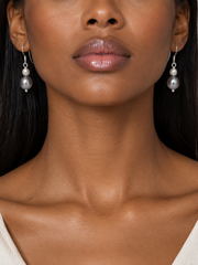 Japanese Akoya Silver-Gray Pearl Drop Earrings,Madama Grade S925 Sterling Silver Hook Earrings, Two-Tone Pearl Dangle Earrings for Women