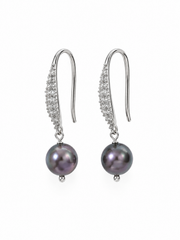 Natural Tahitian Black Pearl Drop Earrings,S925 Sterling Silver Hook Earrings with Paved Rhinestones, Luxury Dangle Pearl Earrings for Women