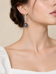 Natural Tahitian Black Pearl Drop Earrings,S925 Sterling Silver Hook Earrings with Paved Rhinestones, Luxury Dangle Pearl Earrings for Women