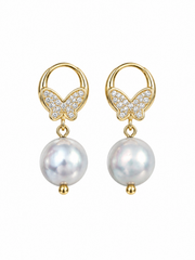 Whimsical Elegance: Pavé Butterfly & Grey Pearl Earrings&nbsp; Iridescent Drop Gift for Her.