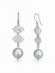 Hammered Silver Pearl Drop Earrings Grey Pearl Hook Earrings&nbsp; Geometric Sterling Silver Jewelry.