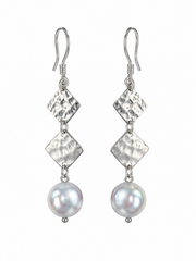 Hammered Silver Pearl Drop Earrings Grey Pearl Hook Earrings&nbsp; Geometric Sterling Silver Jewelry.