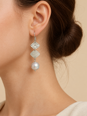 Hammered Silver Pearl Drop Earrings Grey Pearl Hook Earrings&nbsp; Geometric Sterling Silver Jewelry.
