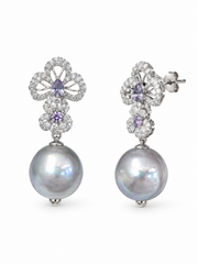Timeless Elegance: Flower & Grey Pearl EarringsIridescent Pearl&nbsp; S925 Silver Gift for Her.