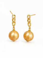 Golden Pearl Chain Link Stud Earrings S925 Sterling Silver Gold Plated Luxury Statement Drop Earrings for Her.