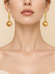 Golden Pearl Chain Link Stud Earrings S925 Sterling Silver Gold Plated Luxury Statement Drop Earrings for Her.
