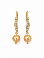 Natural South Sea Golden Pearl Hook Earrings S925 Sterling Silver Gold Plated & Rhinestone Pave Luxury Drop Earrings for Her.