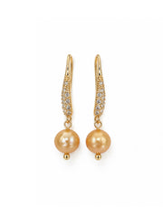 Natural South Sea Golden Pearl Hook Earrings S925 Sterling Silver Gold Plated & Rhinestone Pave Luxury Drop Earrings for Her.
