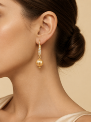 Natural South Sea Golden Pearl Hook Earrings S925 Sterling Silver Gold Plated & Rhinestone Pave Luxury Drop Earrings for Her.