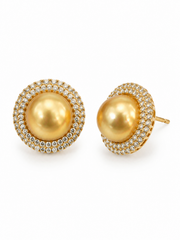 Golden Pearl Halo Stud Earrings S925 Sterling Silver Gold Plated & Rhinestone Pave Luxury Statement Earrings for Her.
