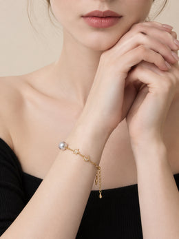 Japanese Akoya Silver-Gray Pearl&nbsp; Star Moon Bracelet&nbsp; S925 Sterling Silver Gold Plated Elegant Celestial Jewelry for Women.
