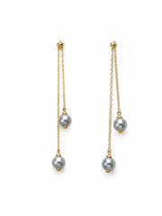 Japanese Akoya Silver-Gray Pearl Pearl Ear Threaders，Silver Blue Double Pearl Gold Chain Dangle Earrings