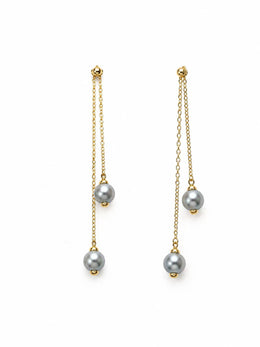 Japanese Akoya Silver-Gray Pearl Pearl Ear Threaders，Silver Blue Double Pearl Gold Chain Dangle Earrings