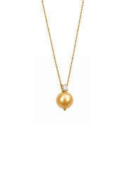 Natural South Sea Golden Pearl Necklace, Minimalist S925 Silver Gold Plated Pendant with Rhinestone