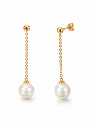 S925 Sterling Silver Gold Plated Pearl Threader Earrings, Large Round Natural White Pearl Long Drop Earrings, Timeless Elegant Earrings for Party & Daily Wear