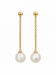 S925 Sterling Silver Gold Plated Pearl Threader Earrings, Large Round Natural White Pearl Long Drop Earrings, Timeless Elegant Earrings for Party & Daily Wear