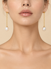 S925 Sterling Silver Gold Plated Pearl Threader Earrings, Large Round Natural White Pearl Long Drop Earrings, Timeless Elegant Earrings for Party & Daily Wear