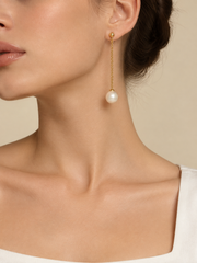 S925 Sterling Silver Gold Plated Pearl Threader Earrings, Large Round Natural White Pearl Long Drop Earrings, Timeless Elegant Earrings for Party & Daily Wear