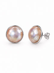 Bezel Set Natural Mabe Pearl Earrings for Women, Big Round Mabe Pearl Studs S925 Sterling Silver, Elegant Statement Pearl Earrings Wedding Daily Wear
