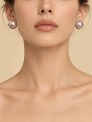 Bezel Set Natural Mabe Pearl Earrings for Women, Big Round Mabe Pearl Studs S925 Sterling Silver, Elegant Statement Pearl Earrings Wedding Daily Wear