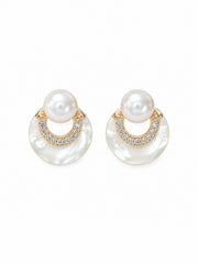 Natural White Pearl Crescent Stud Earrings, S925 Sterling Silver Gold Plated Mother of Pearl Hoop Earrings with Rhinestones, Luxury Statement Earrings for Women Wedding